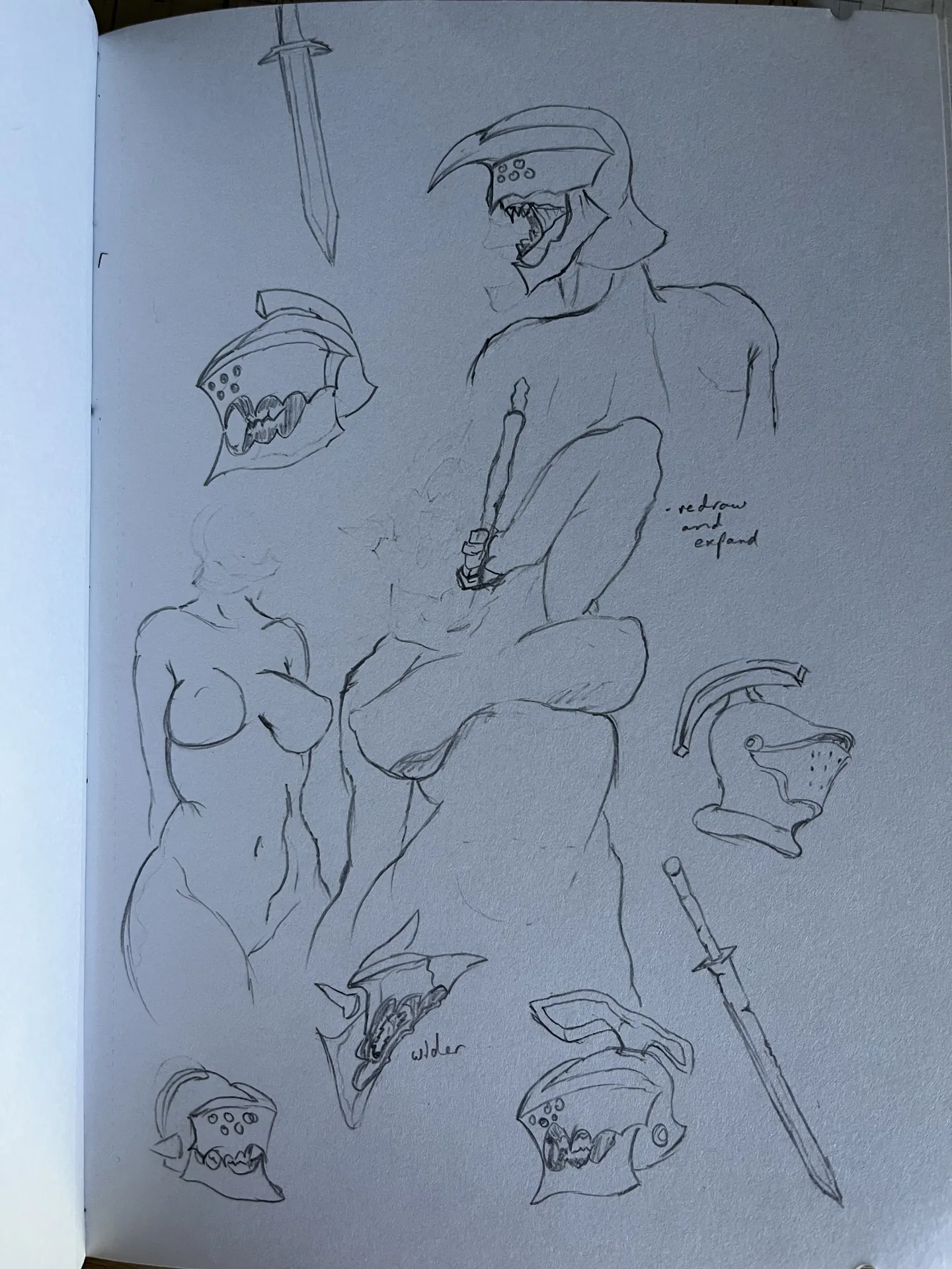 Character concept with armored figure, sword, and weapon studies
