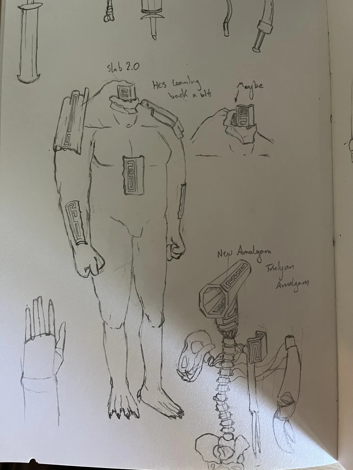 Anatomy study with skeleton, hands, and weapon concepts
