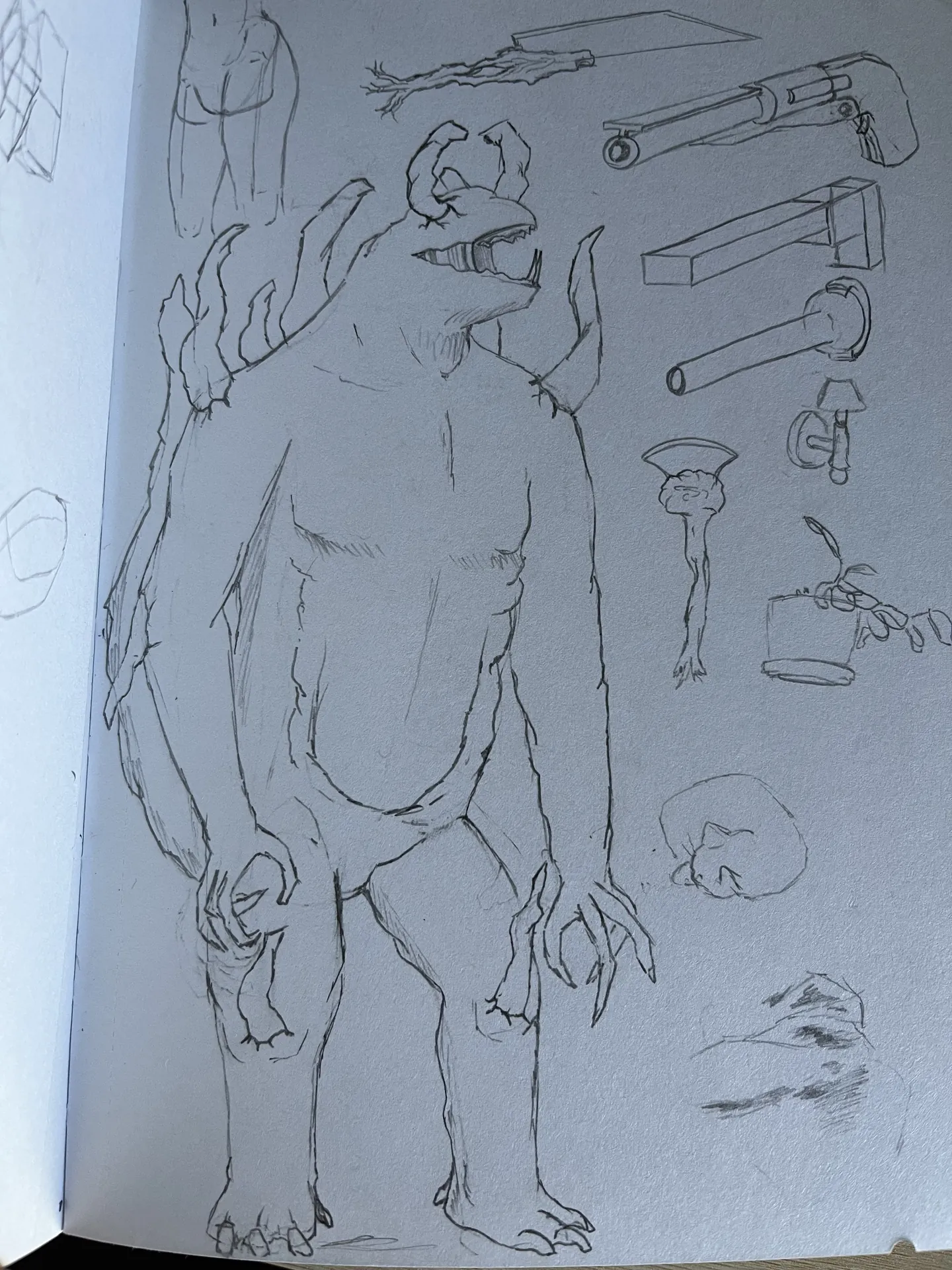 Figure anatomy study with limb, weapon, and skull studies