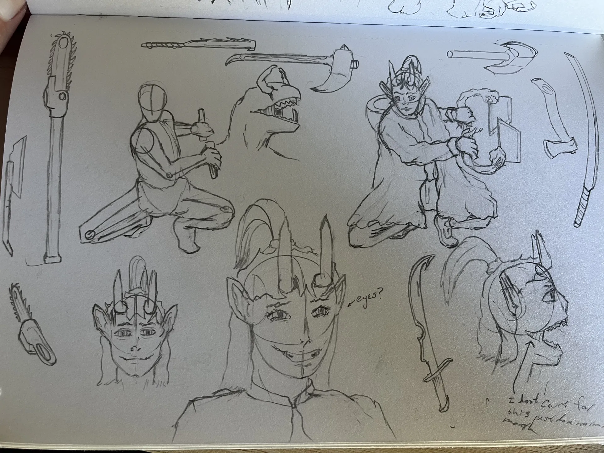 Fantasy character concept sheet with crowned figure and creatures
