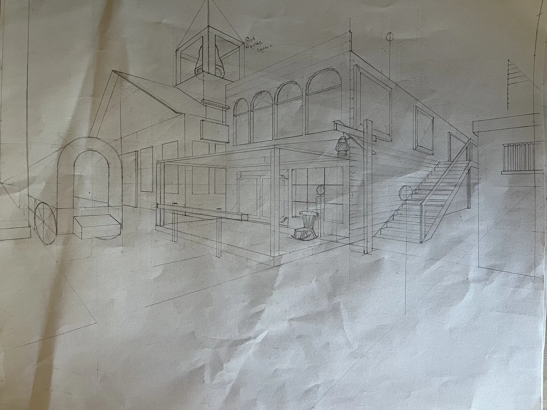 Architectural perspective study with staircase and blocks