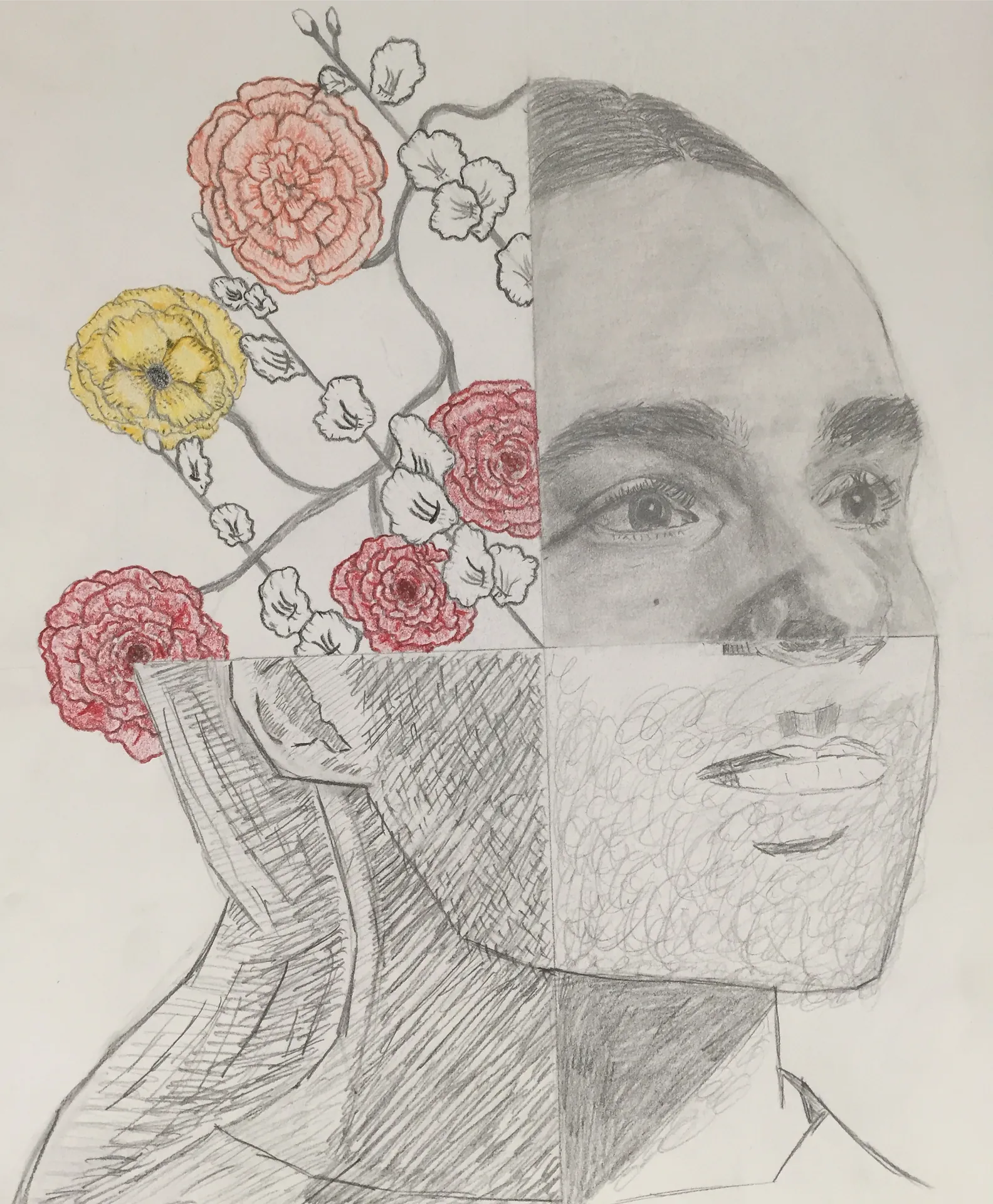Split-face portrait study with floral illustration