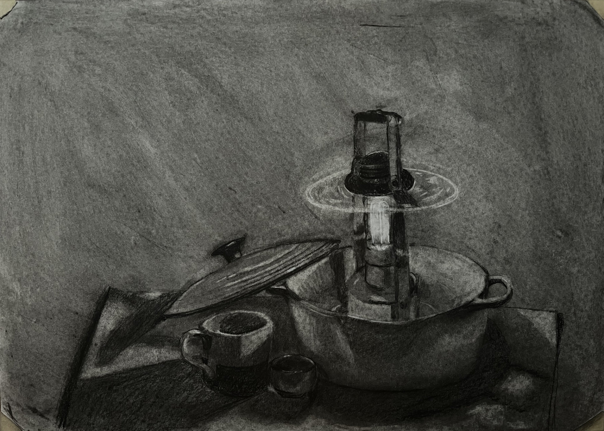 Charcoal still life — lantern, vessels, and draped cloth
