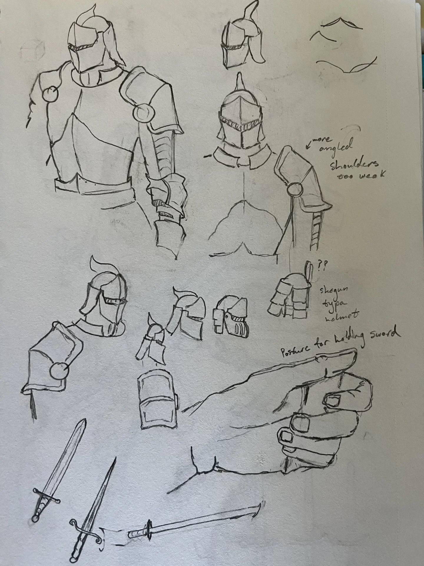 Knight armor and helmet studies with sword sketches