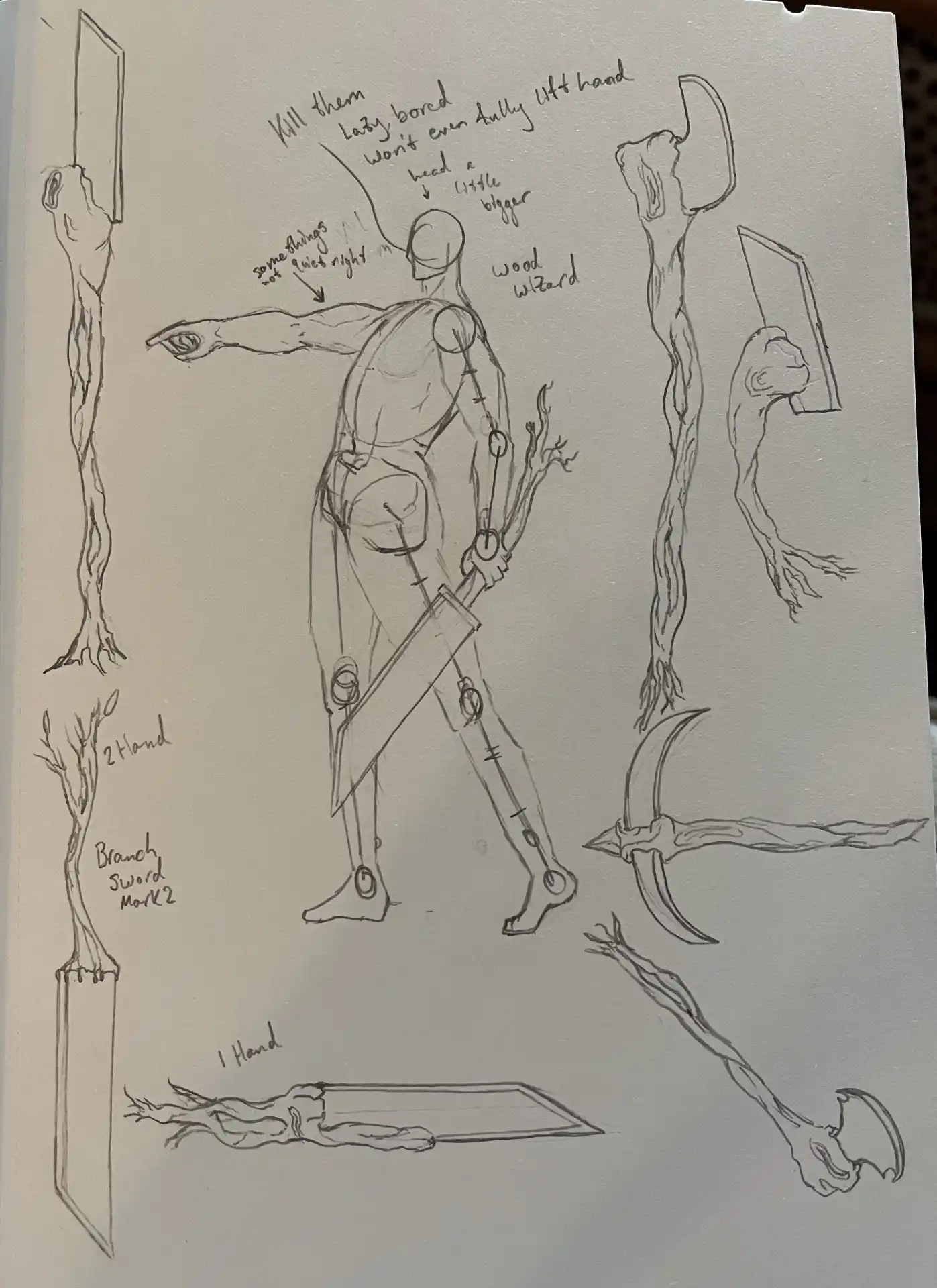 Character and weapon concept design with branch sword and wood wizard studies
