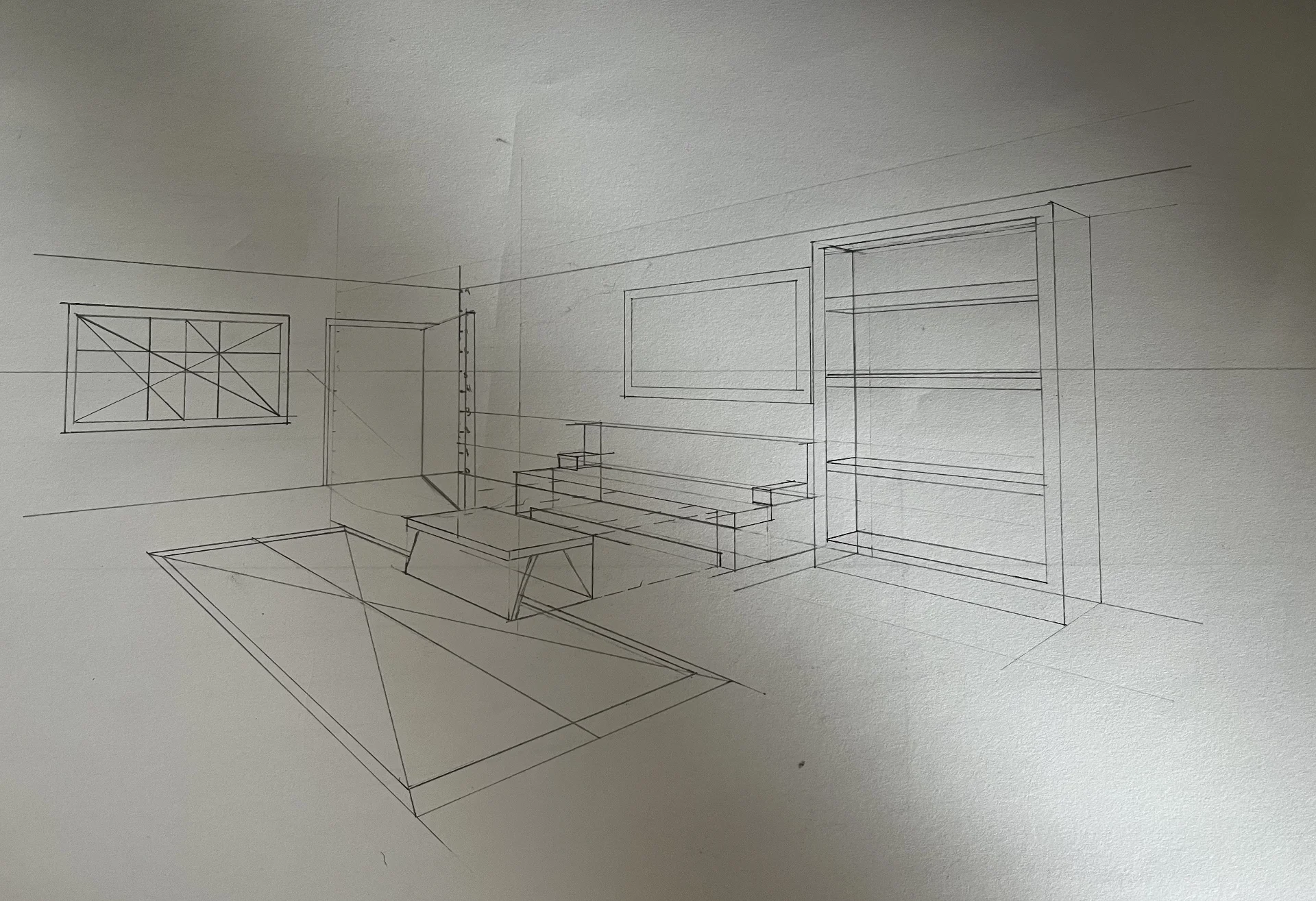 Interior room perspective study with furniture and shelving